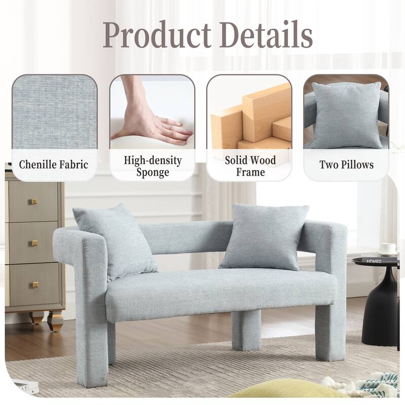 Modern Chenille 2-Seater Sofa Small Upholstered Loveseat with 2 Pillows, Arc Backrest, for Bedroom Living Room, Study