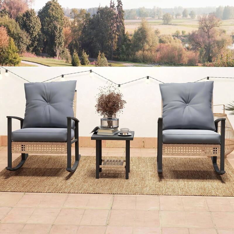 3-Piece Wicker Set, Rocking Chairs with Tufted Cushions,Coffee Table