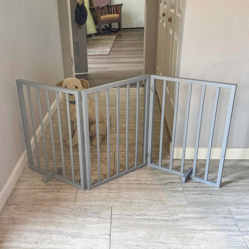 54 inch Freestanding 3-Panel Folding Wood Pet Gate - Grey - 54"Lx1"Wx24"H