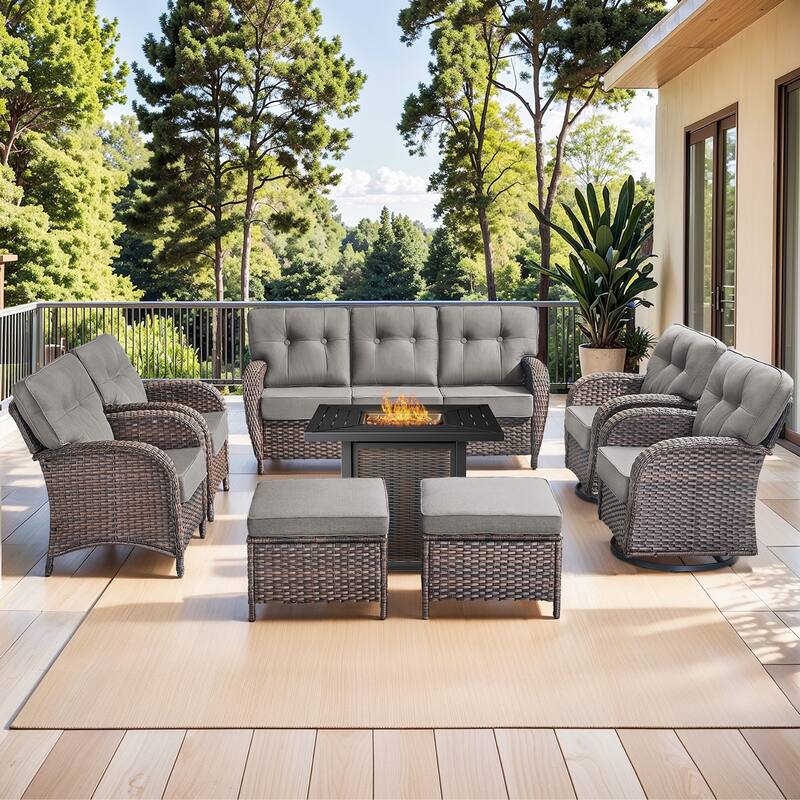 Pocassy Outdoor 30 In Fire Table with Sofa Patio Swivel Chair Set - Brown Wicker Gray Cushion - 8-Piece Patio Sofa Chair Ottoman with Fire Table