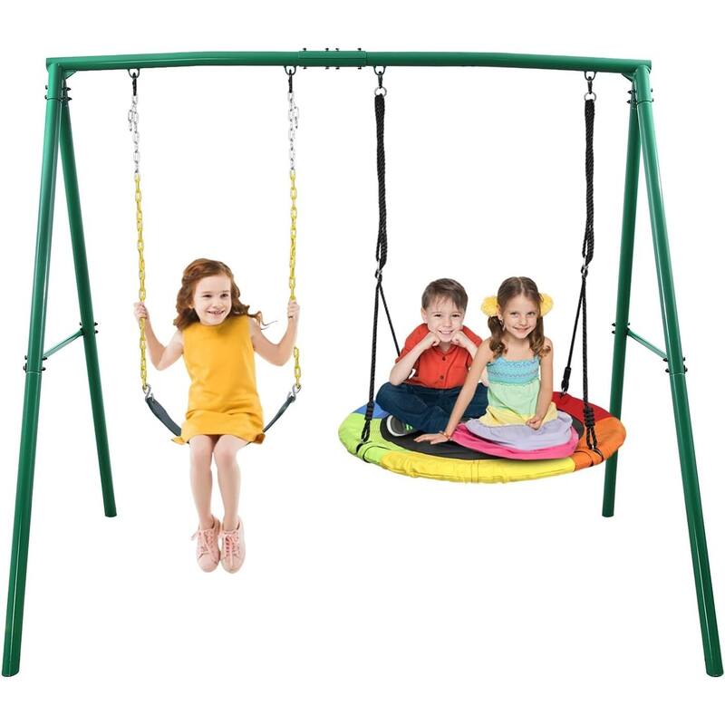 440lbs Heavy Duty Metal Swing Sets for Backyard Playground Outdoor Playset with 2 Seat