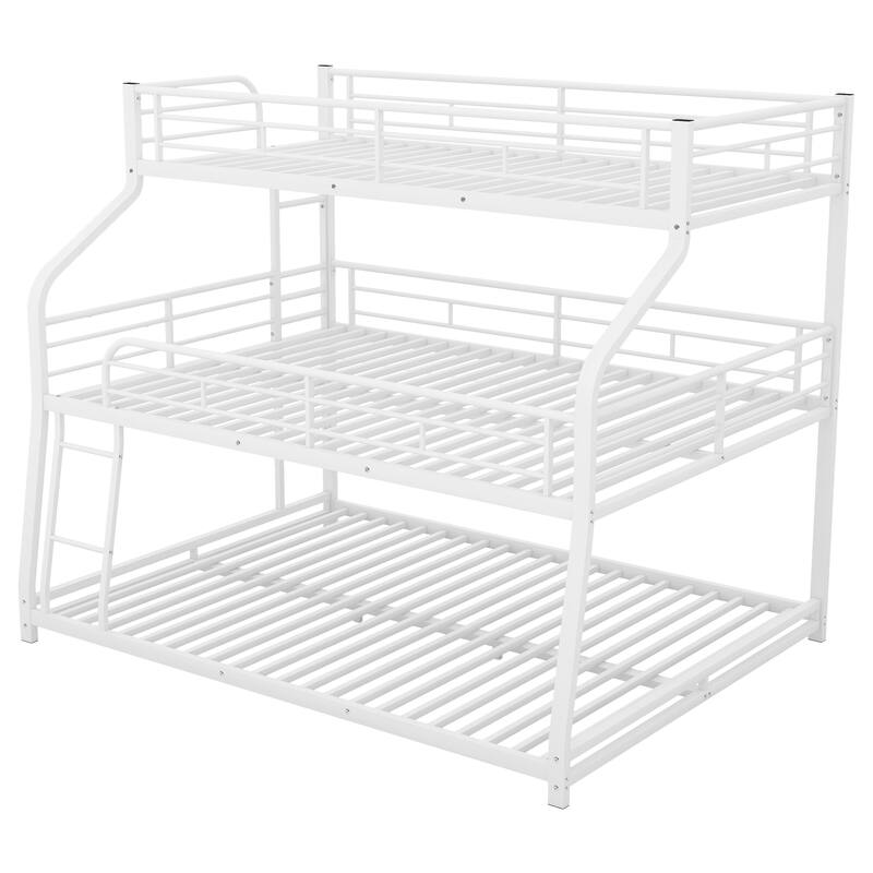 Twin XL/Full XL/Queen Triple Bunk Bed with Long and Short Ladder and Full-Length Guardrails, Metal Frame, No Box Spring Needed