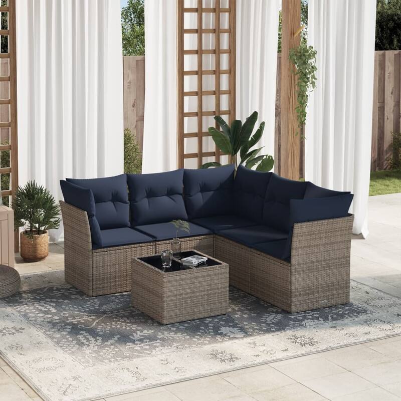 vidaXL 5/6 Piece Patio Sofa Set with Cushions Brown/Gray Poly Rattan - 24.4 x 24.4 x 27.2 - Beige and gray With table