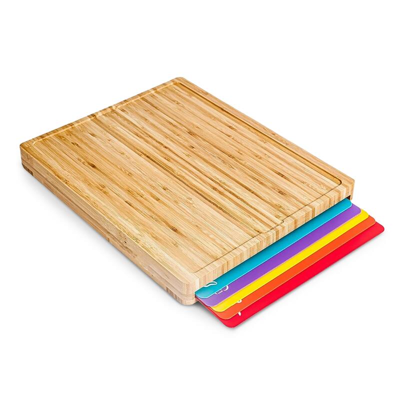 Bamboo Cutting Board Set with Color-Coded Mats and Built-in Storage - Brown