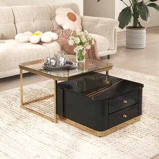 Modern 2 Pieces Black Square Nesting Coffee Table with Drawers and ...