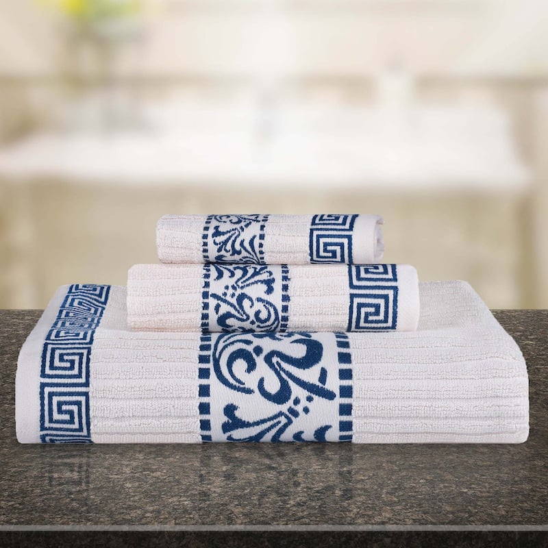 Superior Athens Cotton Floral Border Greek Key 3-Piece Towel Set
