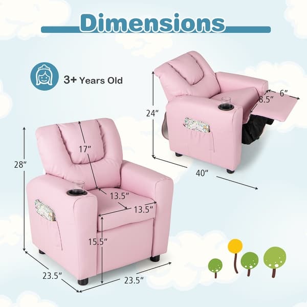 dimension image slide 3 of 7, PU Leather Kids Recliner Chair with Cup Holder and Pocket - 23.5" x 23.5" x 28"