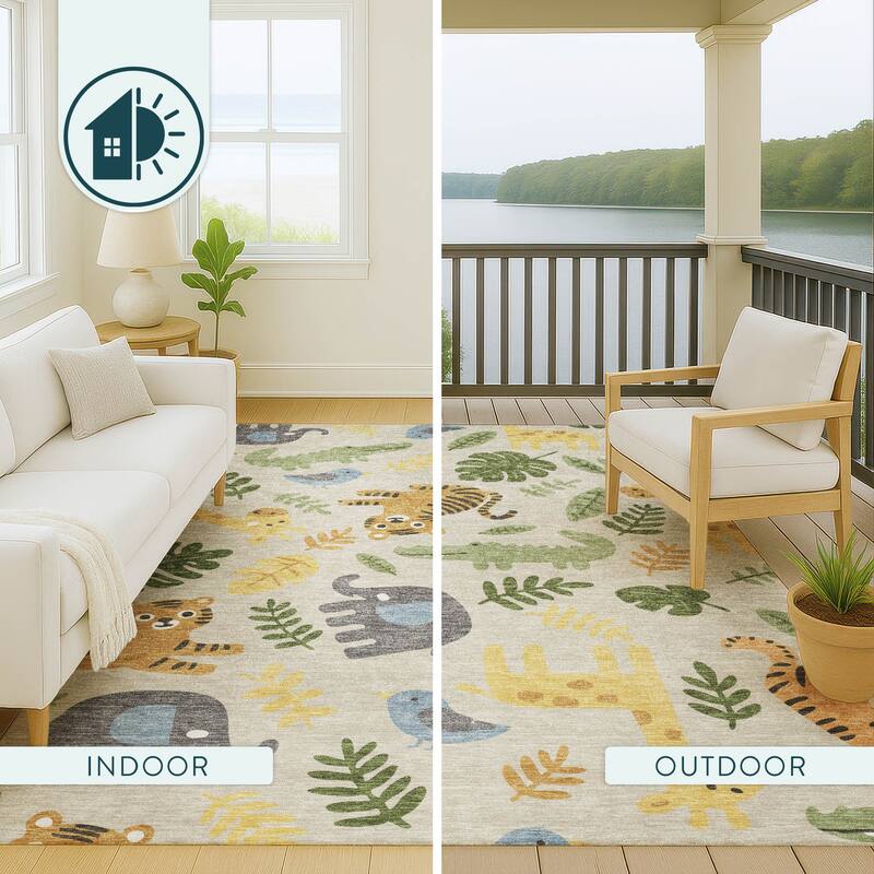 Machine Washable Indoor/ Outdoor Whimsy Safari Animals Chantille Rug