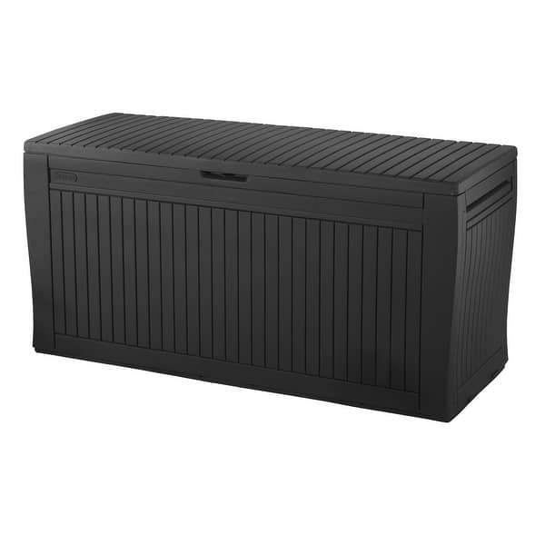 slide 2 of 8, Keter Comfy 71 Gallon Durable Resin Outdoor Storage Deck Box For Furniture and Supplies, Brown