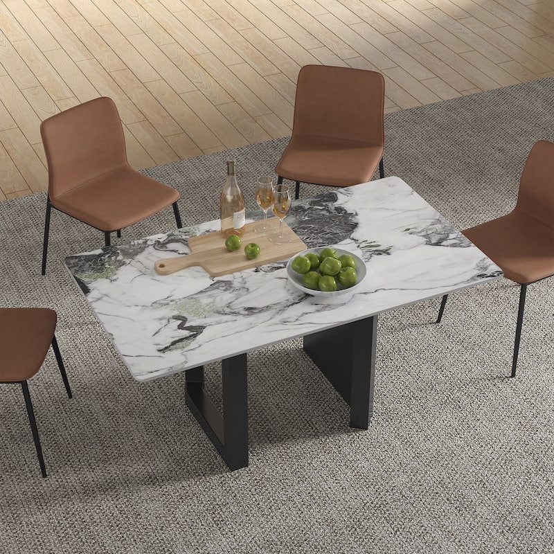 Modern Rectangle Stone Tabletop Black Titanium Stainless Double Pedestal Dining Table