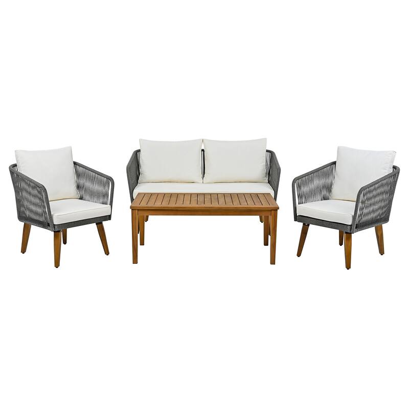 4-Piece Outdoor Rope Patio Conversation Set with Loveseat and Acacia Wood Table, Weather-Resistant Cushions and Metal Frame