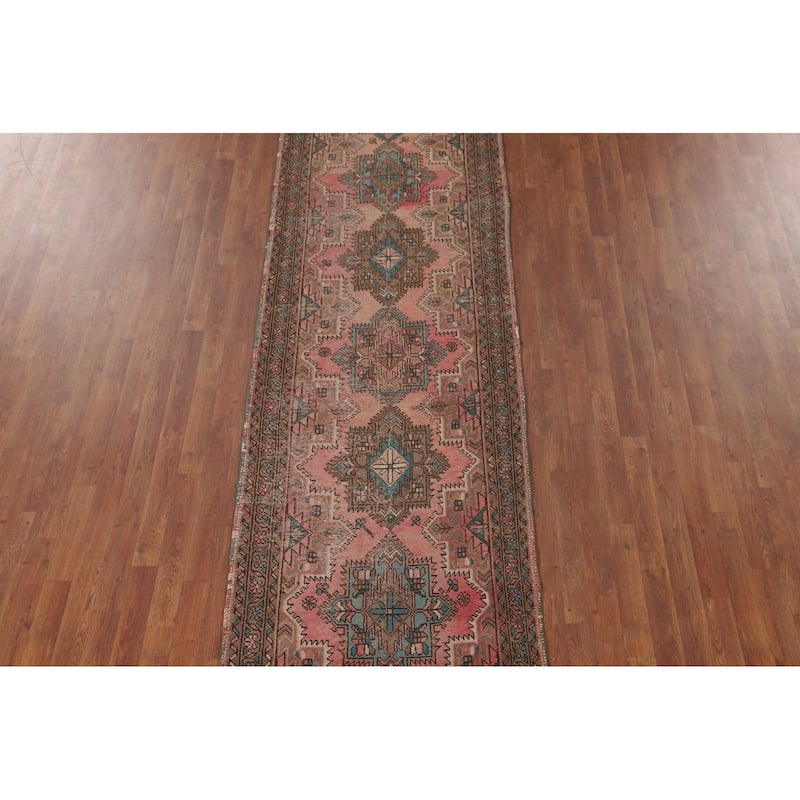 Pink Geometric Tabriz Persian Vintage Runner Rug Handmade Wool Carpet - 3'3"x 12'5"