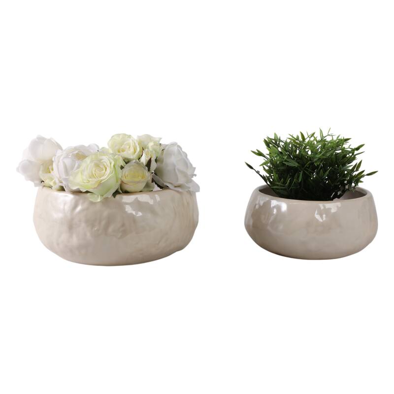 Stoneware Planters Modern Rounded Design and Texture Detail (Set of 2) - 12" x 12" x 5"