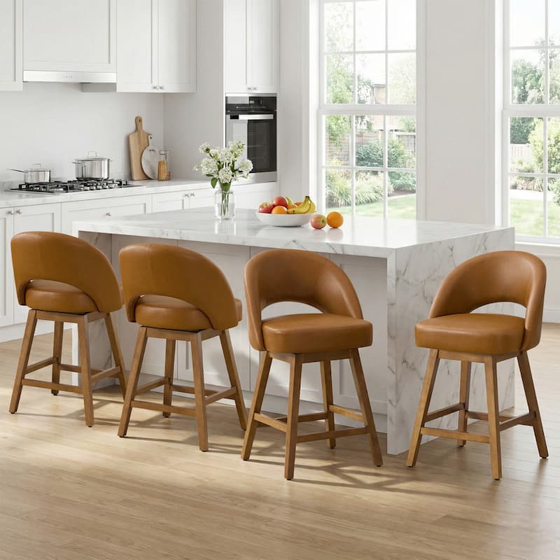 Upholstered Swivel Counter Height Bar Stools with Cutout Back and Solid Wood Frame - 38.2"H x 22.1"W x 23.6"D - Set of 4 - Brown