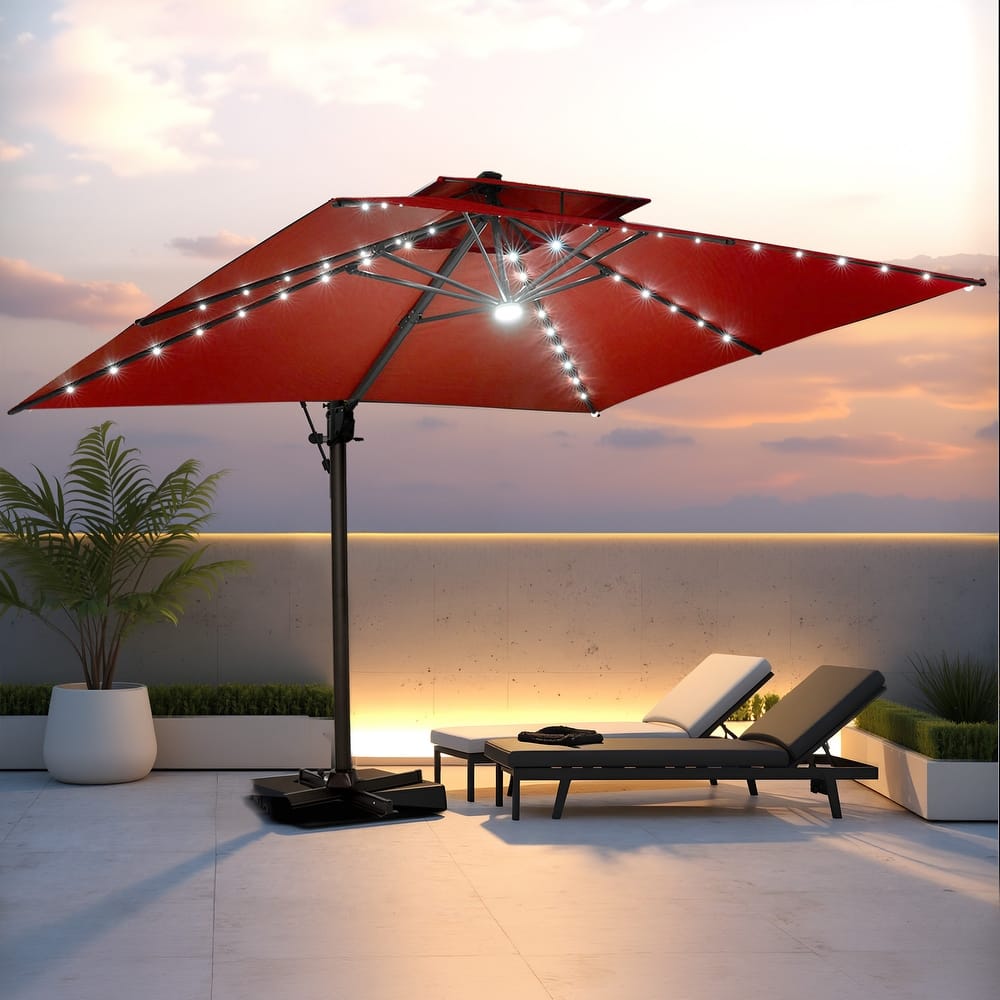 Pellebant 10 x 13FT Outdoor Rectangular Cantilever Patio Umbrella Solar LED Lighted with Wheel Base
