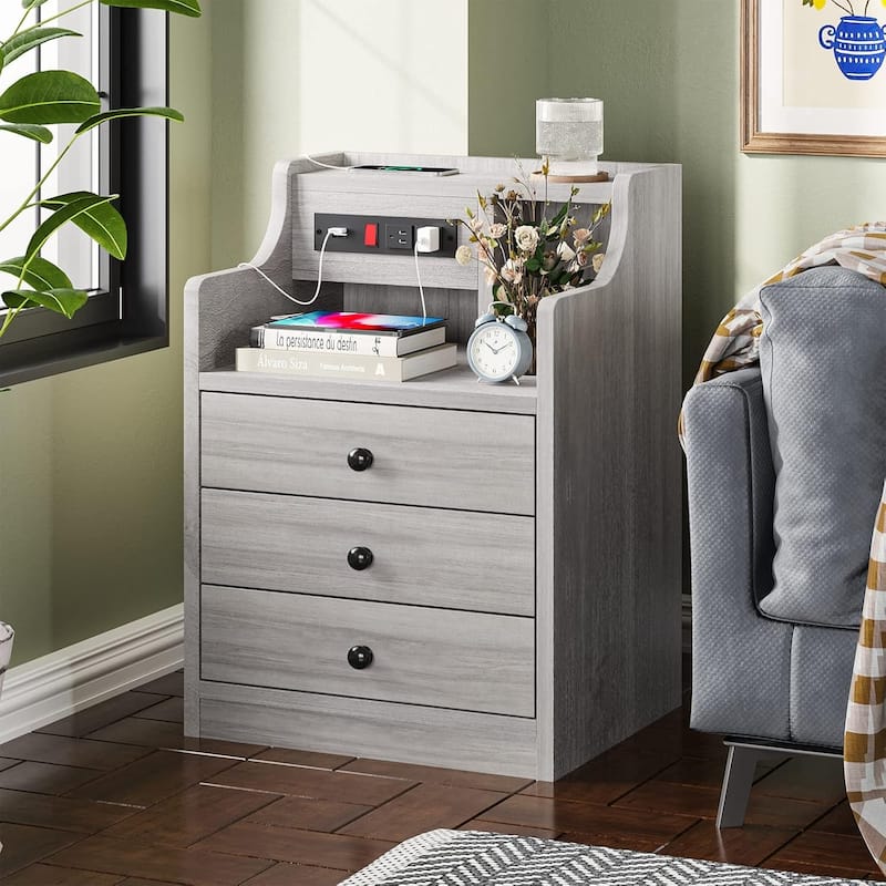 Nightstand with Drawers Charging Station End Side Table with Hutch