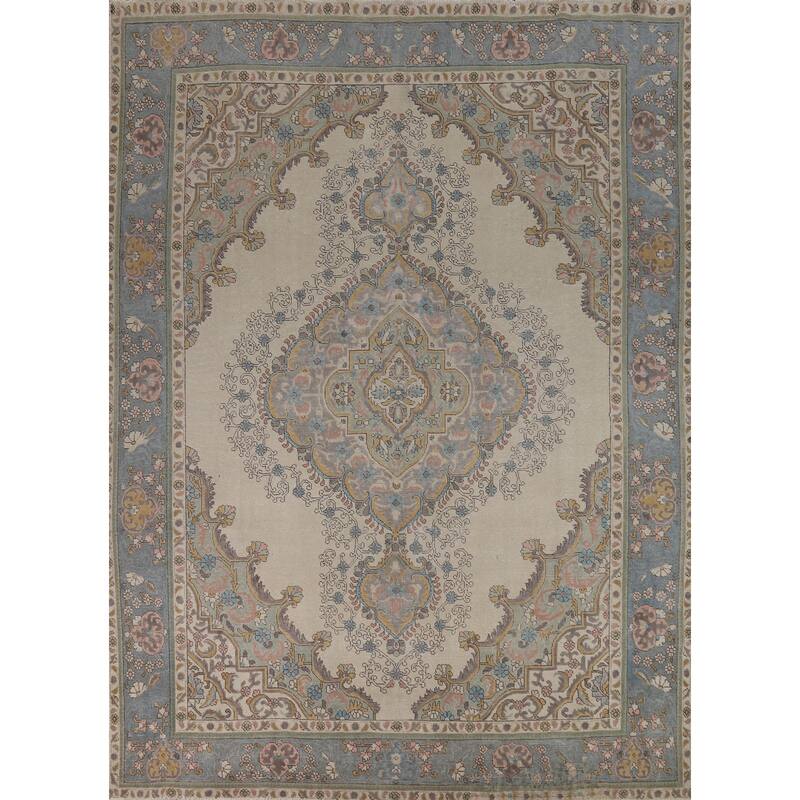 Geometric Tabriz Persian Area Rug Hand-Knotted Beige Wool Carpet - 9'10"x 12'6"