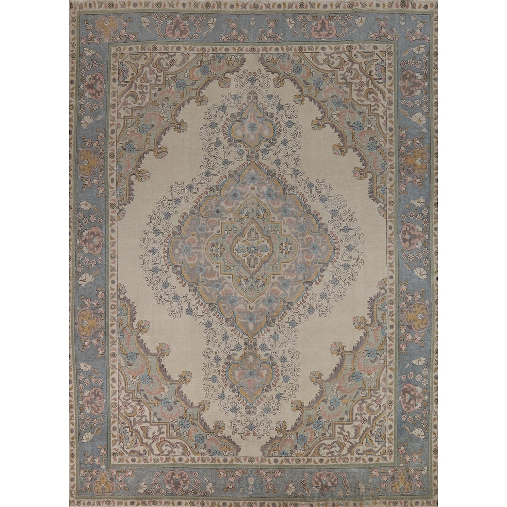 Geometric Tabriz Persian Area Rug Hand-Knotted Beige Wool Carpet - 9'10"x 12'6"