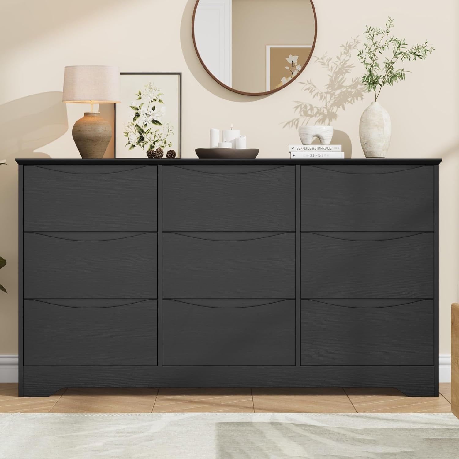 Wooden Dresser with 9 Drawers, Tall Modern Closet with Deep Storage