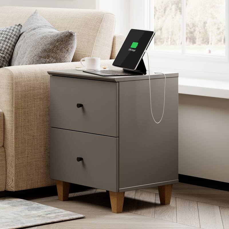 WAMPAT End Table with Charging Station and 2 Drawer for Living Room
