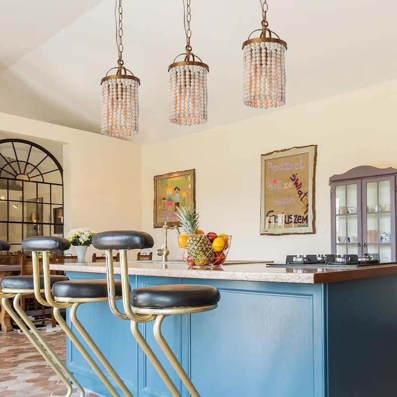 Alisar Mid-century Modern Mini Boho Kitchen Island Pendant with Distressed White Wood Beads
