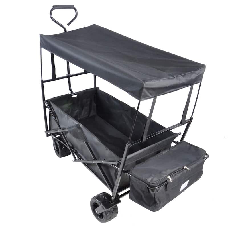 Outdoor Steel Folding Large Capacity Garden Cart Patio Wagon with Lid - Black