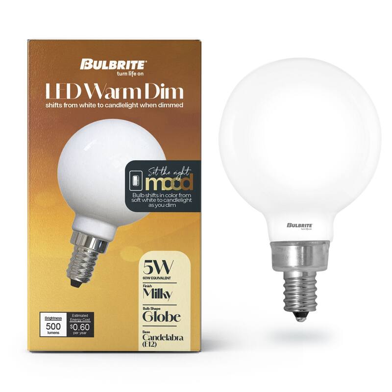 Bulbrite 5 Watt LED G16 Light Bulbs, Warm Dimming 3000K (Soft White) - 1800K (Candlelight), 500 Lumens, (4 Pack) - Pack of 4