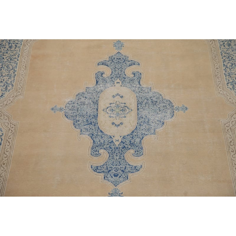 Hand Knotted Oriental 100% Wool Carpet Traditional Medallion Peach Kerman Area Rug - 13' 7'' X 10' 5''