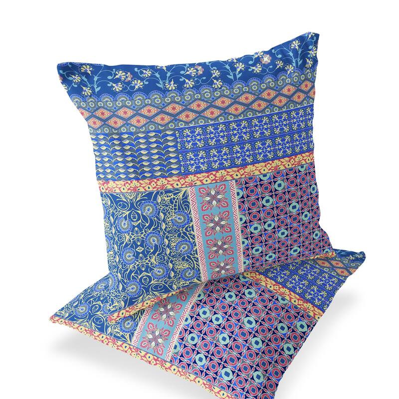 HomeRoots Set of Two 16" X 16" Blue and Yellow Blown Seam Floral Indoor Outdoor Throw Pillow - 16.00' X '16.00' X '5.00