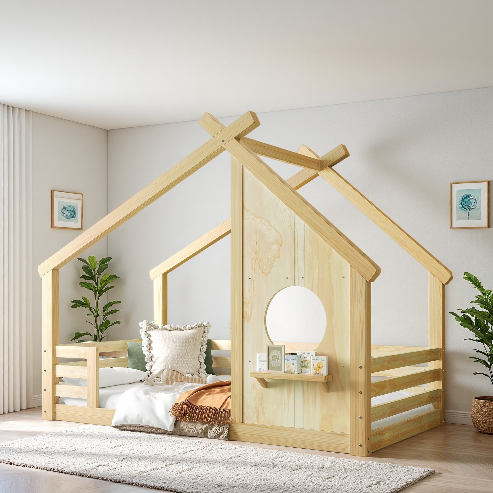 Solid Wood House Floor Platform Bed with Window, Small Shelf, and Roof