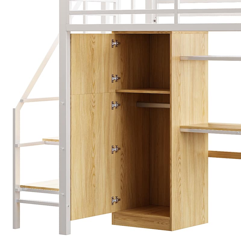 Twin Size Loft Bed with Storage Ladder, Metal Loft Bed Frame with Large Wardrobe & Desk for Teens Kids, No Box Spring Needed