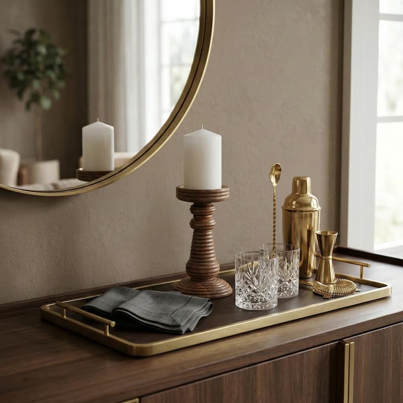 Candle Holder - Brown Mango Wood Ribbed Pillar