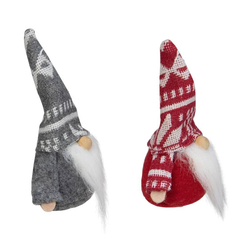 Santa Gnome Hanging Christmas Ornaments - 4" - Gray and Red - Set of 2