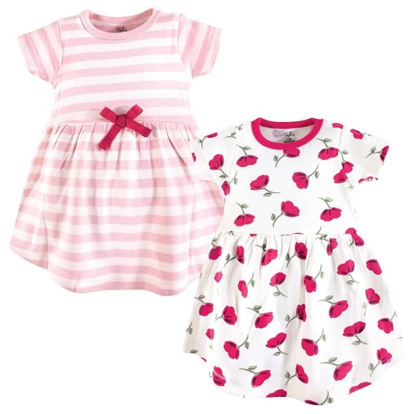 slide 1 of 1, Touched by Nature Baby and Toddler Girl Organic Cotton Short-Sleeve Dresses 2pk, Petals 2T - Baby Toddler Petals Short Sleeve