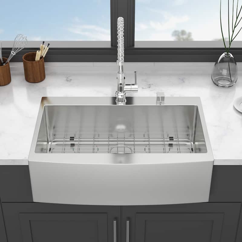 33" Farmhouse 16 Gauge Single Bowl Stainless Steel Kitchen Sink in Brushed Nickel - 33'' x 22'' x 10'' - Brushed Nickel - 33'' x 22'' x 10''