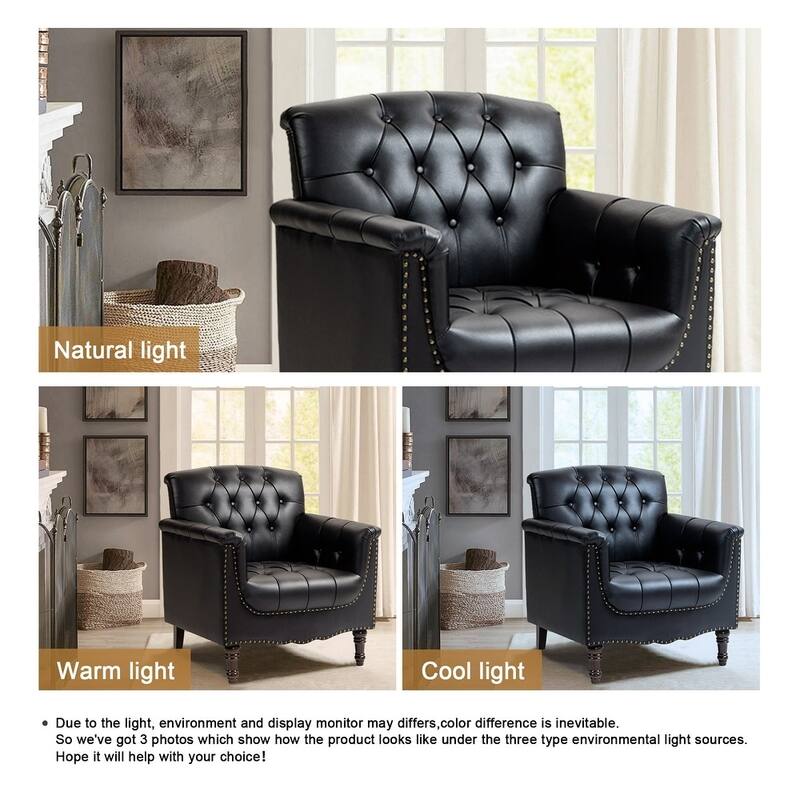 Modern Tufted Accent Chair with Nailhead Trim, Faux Leather Armchair