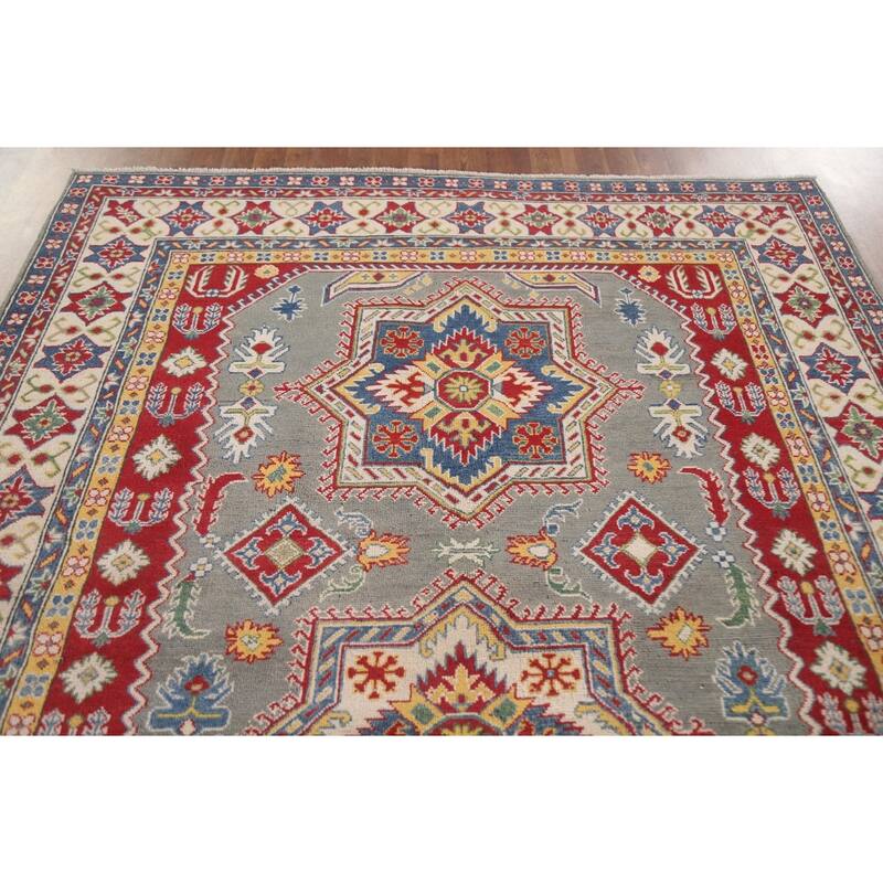 Hand Knotted Oriental 100% Wool Carpet Traditional Geometric Greys & Charcoal Kazak Area Rug - 9' 10'' X 6' 6''