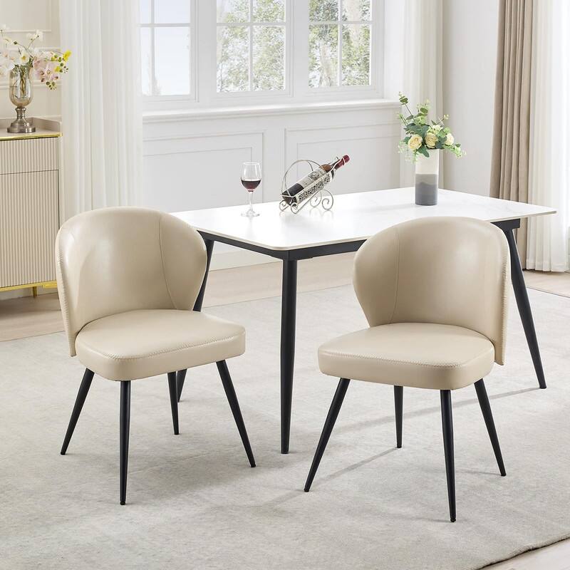Set of 2 Ergonomic Dining Chairs - Leather Upholstered with Steel Legs - Beige