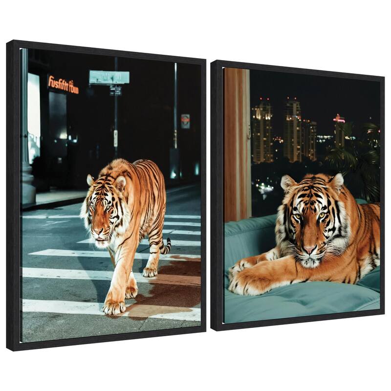 Kate and Laurel Sylvie Tiger in the City at Night Framed Canvas Art Set by Michael Schauer - 2pk - 18 x 24