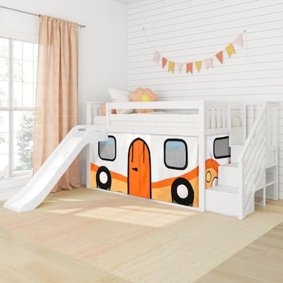 Max and Lily Classic Low Bunk with Stairs, Easy Slide and Curtain
