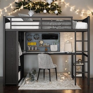 Space-Saving Twin XL Size Loft Bed Frame with Built-In Wardrobe, Metal Loft Bed with Desk and Storage Shelves