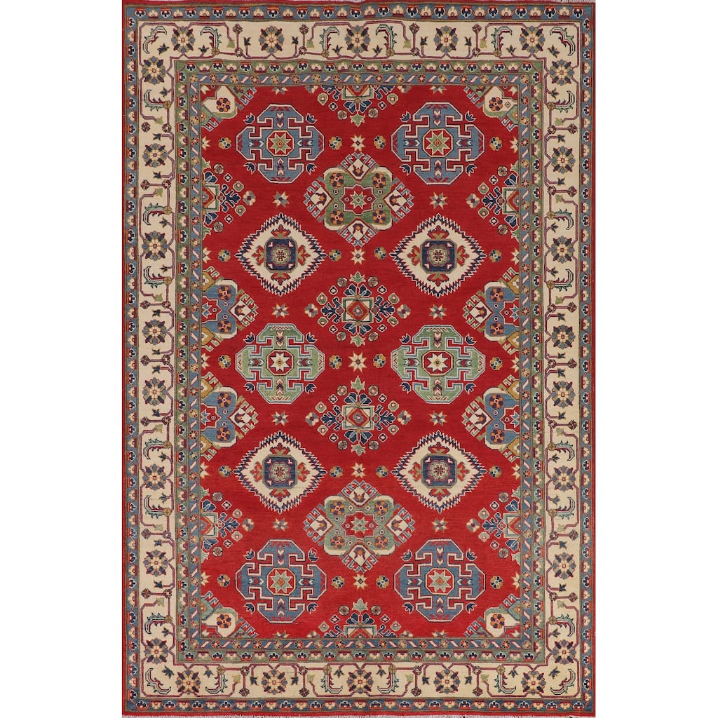 Geometric Red Kazak Area Rug Living Room Hand-Knotted Wool Carpet - 6'8" x 10'3"