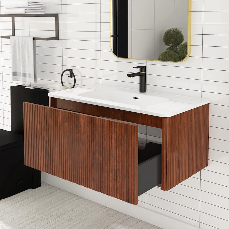Floating Bathroom Vanity with Glossy White Integrated Ceramic Sink