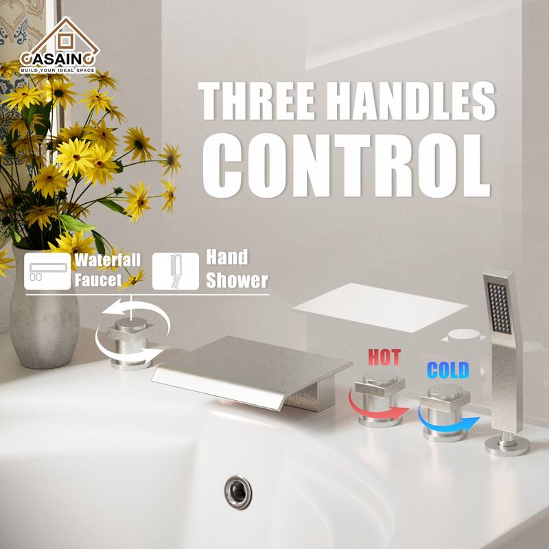 3-Handle Deck-Mount Bathtub Faucet Waterfall Roman Tub Faucet with Hand Shower