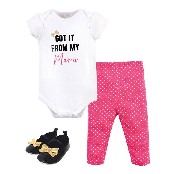slide 1 of 1, Little Treasure Baby Girl Cotton Bodysuit, Pant and Shoe 3pc Set, Dk. Pink Mama 0-3 Months - Dk. Pink Mama