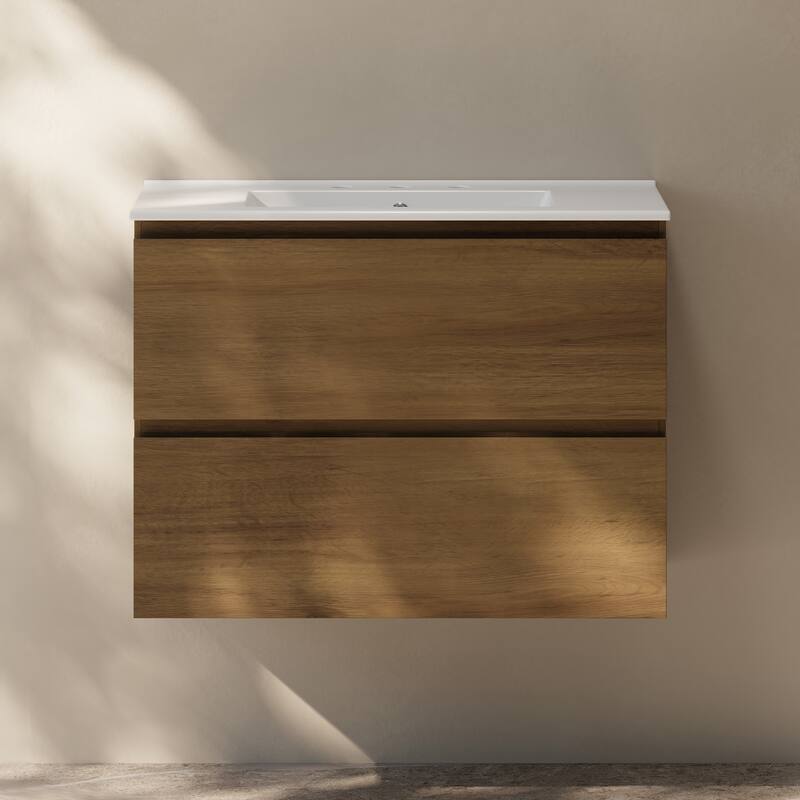 Liberte 30" Wall-Mounted Bathroom Vanity In Brown Oak With 3-Hole Widespread Sink Top - 30