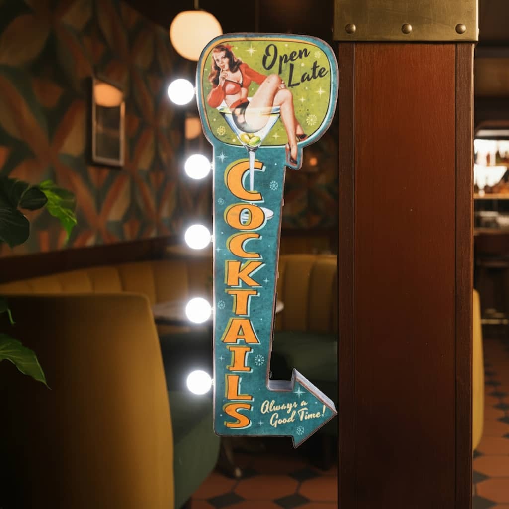 American Art Decor Vintage 'Cocktails' LED Metal Sign - Retro Marquee Wall Decor - 10.25" x 25"