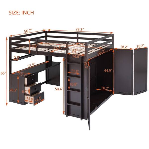 dimension image slide 2 of 3, Full Loft Bed with Drawers, Desk, Wardrobe, and Guardrails