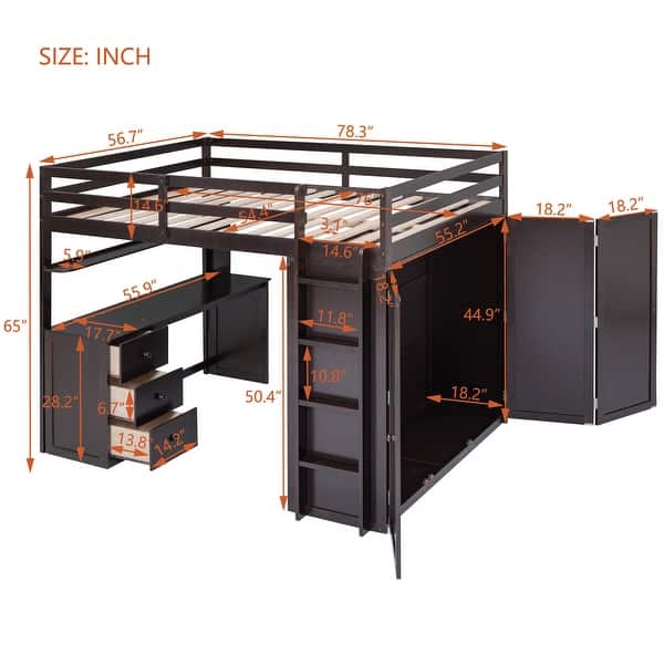 dimension image slide 0 of 6, Solid Wood Loft Bed with Desk, Drawers, Shelves & Wardrobe