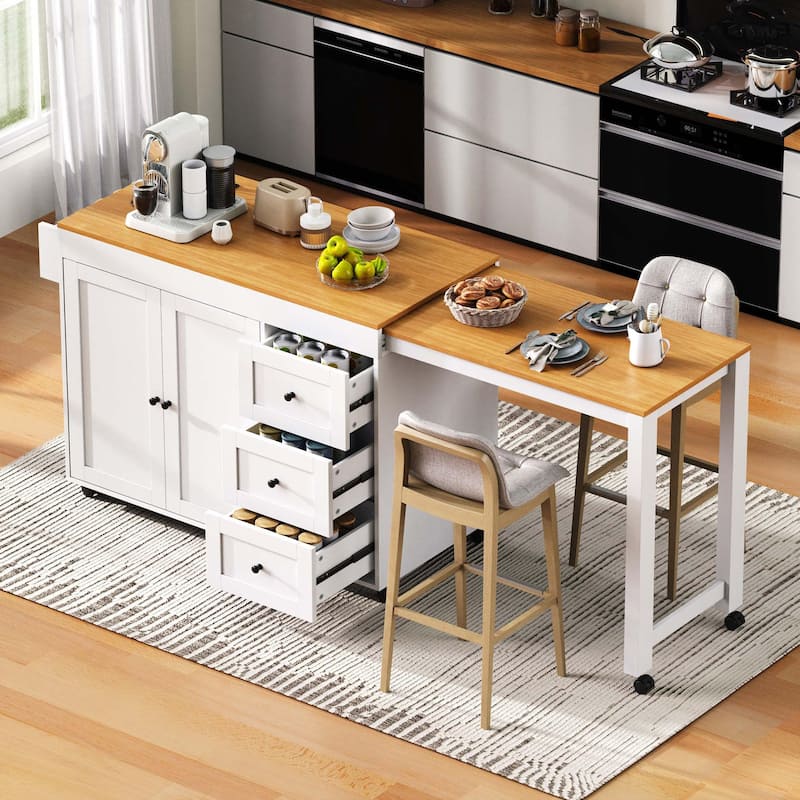 Multi-Functional 74.8" Kitchen Island with Extendable Table – 3 Drawers, Power Outlet & Mobile Design‌ - White